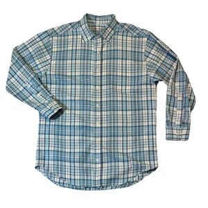 Sunswell mens L Large light blue plaid lightweight performance oxford shirt EUC